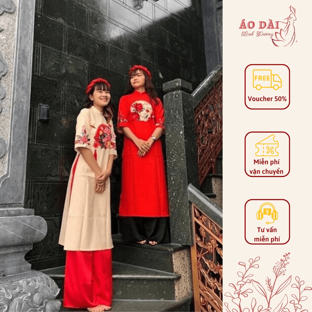 Áo dài cách tân Như Ý Cát Tường cao cấp màu kem, đỏ sang chảnh cho ngày tết