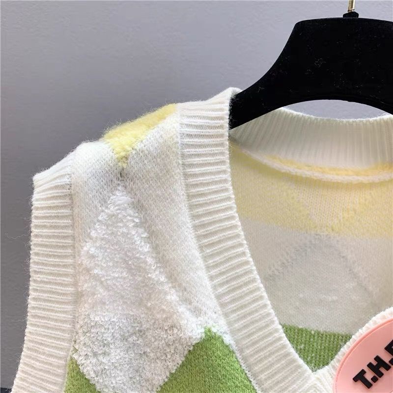 Áo Dệt Kim Sát Nách Dáng Rộng Họa Tiết Hình Thoi Thời Trang Hàn Quốc Cho Nữ