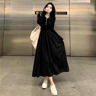 Đầm Đen Dài Tay Lưng Cao Thời Trang Thu Đông Thanh Lịch Cho Nữ