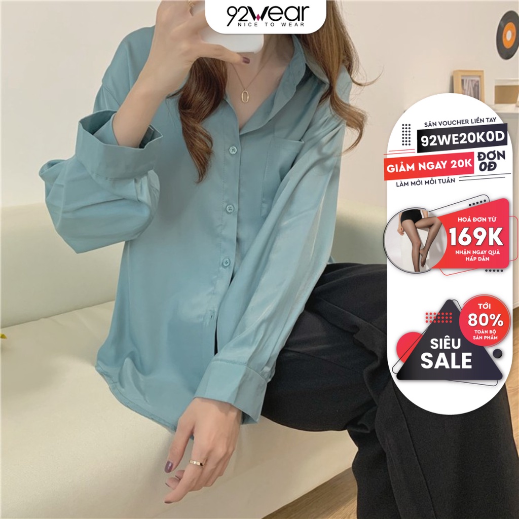 Áo sơ mi 92WEAR thiết kế cổ polo dài tay dáng rộng công sở nữ kiểu Hàn Quốc dáng dài AS002