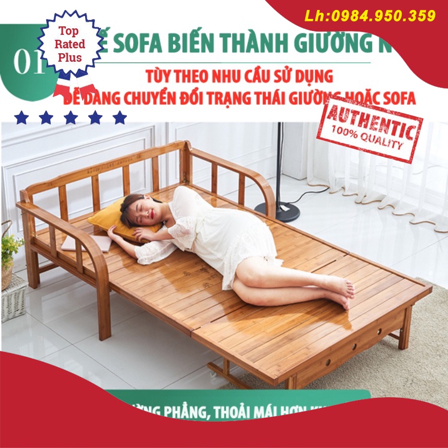 (Gía Xưởng) Sofa giường gỗ gấp gọn thành ghế đa năng thông minh,chất liệu tre tự nhiện,tặng kèm đệm và gối ôm,mã B049