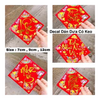 Sỉ 100 decal dán dưa hấu , bánh Tết có keo nhiều loại chữ , trang trí tết