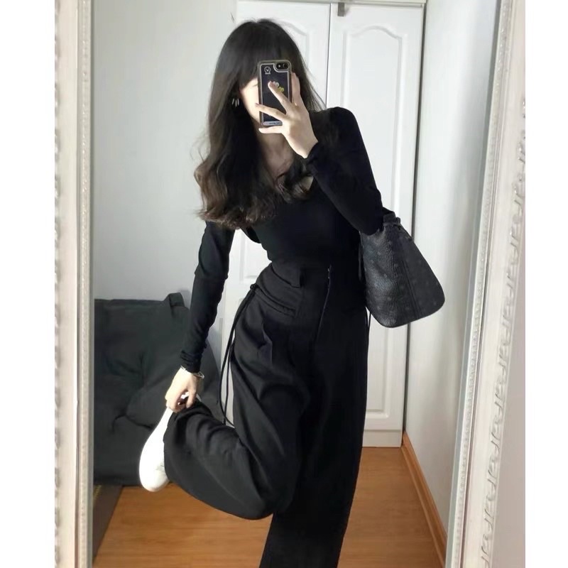Quần Dài Ống Rộng Nữ dây rút túi KAKAO màu ĐEN/XÁM vải kaki lụa mềm Lưng Thun Phong Cách Ulzang - July7storee