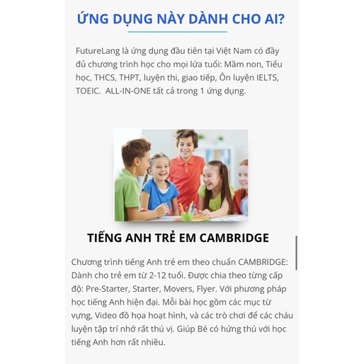 Future Lang [Toàn quốc] Evoucher mã học tiếng Anh Furure Lang trọn bộ Mầm non-Cấp 1,2,3- Cambridge, IELTS, TOEIC