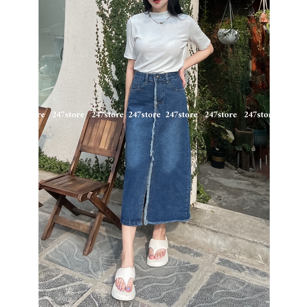 Chân váy jeans nữ cách điệu tua xẻ mã Cvjeanxetruoc013/p3k8