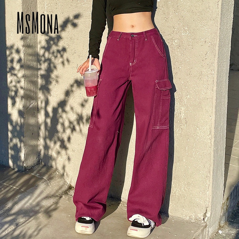 MsMona Quần Jean Ống Rộng Màu Đỏ Trơn Có Túi Thời Trang 2022 Cho Nữ