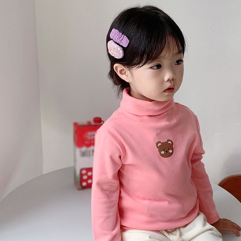 Áo Thun Tay Dài Cổ Lọ Vải Lông Thêu Hình Gấu Hoạt Hình Phong Cách Hàn Quốc Dành Cho Bé Gái