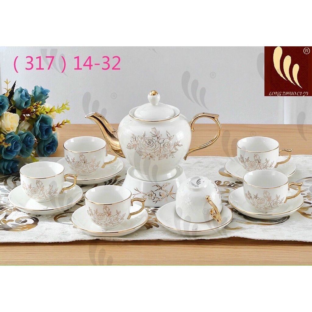 Bộ ấm chén sứ trắng hoa viền vàng kèm đĩa kê 317-2