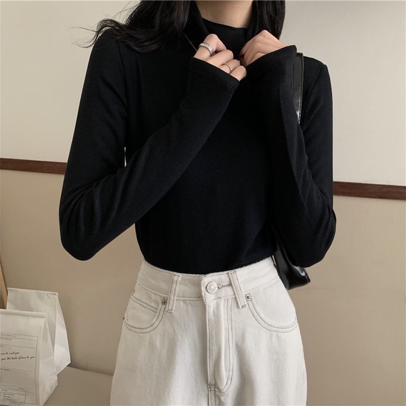 Áo thun COZOK tay dài cổ cao màu trơn dáng ôm thời trang Hàn Quốc