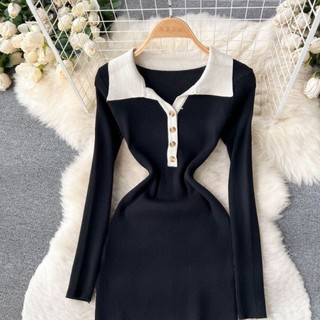 đầm len body cổ đức phối màu