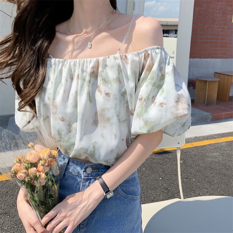 IELGY IELGY Áo Kiểu Trễ Vai Tay Ngắn Dáng Rộng In Họa Tiết Hoa Xinh Xắn Thời Trang Cho Nữ