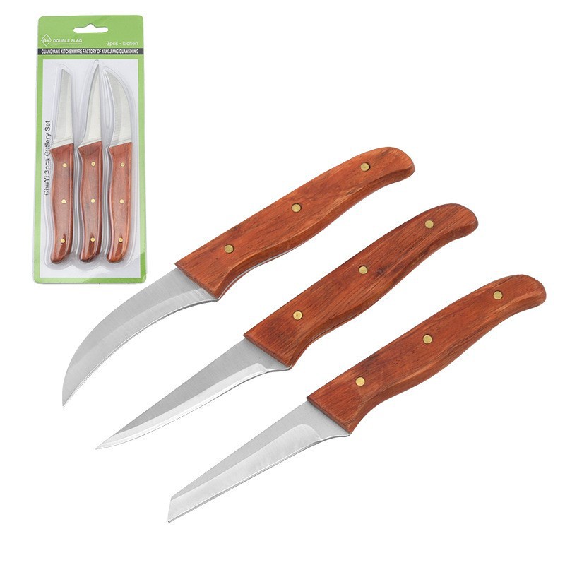 Bộ 3 Dao Tỉa Rau Củ Quả Trái Cây, Dao Tách Chiết Lan Kiếm Thép Không Rỉ Siêu Sắc Cán Gỗ_ Carving Knives Tools