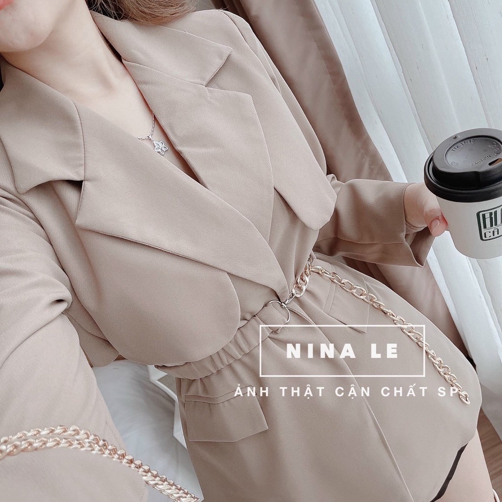 Sét khoác nữ thời trang mặc đi chơi chất tuyết mưa cổ vest tay dài thắt eo mix quần đùi cao cấp