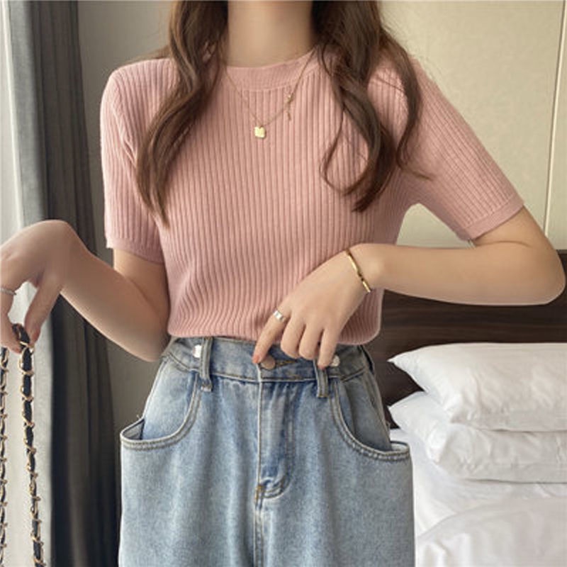 Áo Sweater Ngắn Cổ Tròn Dáng Ôm Thời Trang Mùa Hè Kiểu Mới Cho Bạn Gái