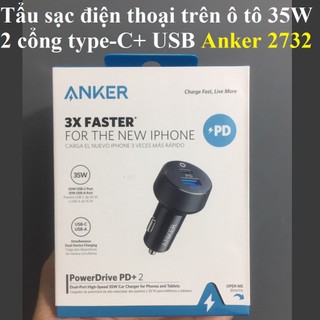 Tẩu sạc điện thoại trên ô tô ANKER PowerDrive PD+ 2 (35W)/Aukey 2 cổng USB sạc nhanh Q.C 3.0 CC-T8 36W/Aukey CC-Y48 48W