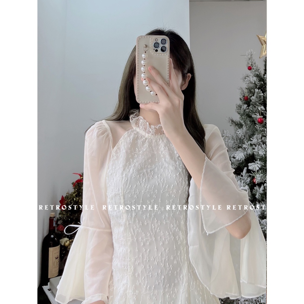 Set áo dài ren hoa nhí cổ bèo tay loe mã Aodaihovaixetayloe300