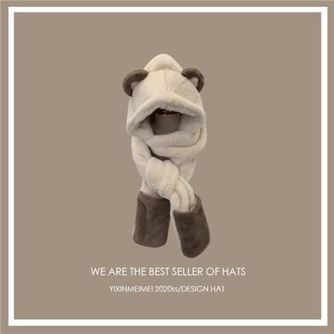 Mũ Trùm Đầu Kèm Khăn Choàng Cổ Và Găng Tay Bằng Vải Bông Dày Chống Lạnh Hình Tai Gấu Dễ Thương Phong Cách Hàn Quốc