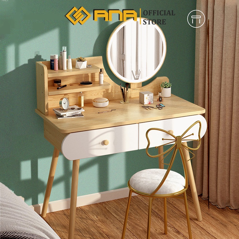 Bàn trang điểm LED 2 ngăn kéo, phong cách hiện đại, 2 màu Trắng - Vân Gỗ trang nhã (Mã AK02) | BigBuy360 - bigbuy360.vn