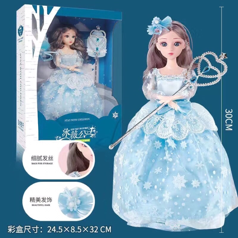 Búp bê Elsa 5D Nữ Hoàng Băng Giá Kèm Gậy Phát Sáng Hàng Đẹp Cỡ To Tóc Mây Tết Tóc