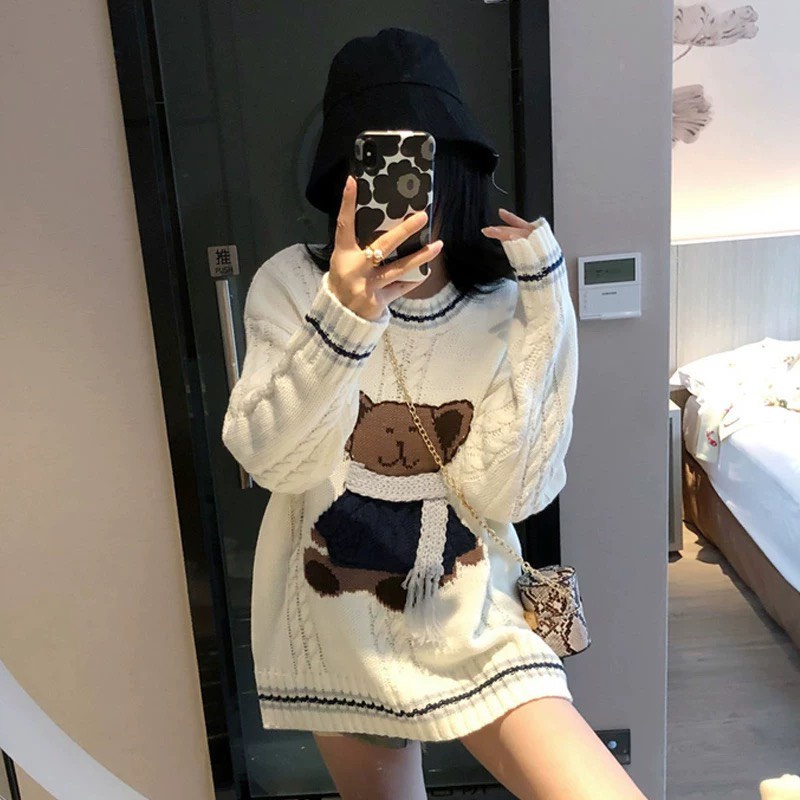 Len nữ dài tay hàn quốc họa tiết hình gấu xinh xắn dễ thương Minstore365