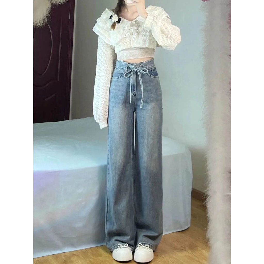 Quần jean NRVP dài ống rộng phối dây cột phong cách Hàn Quốc cho nữ