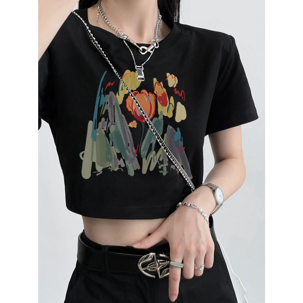 Cocory vn Áo Croptop Tay Ngắn Cổ Tròn Dáng Rộng In Chữ Thời Trang Cá Tính Cho Nữ