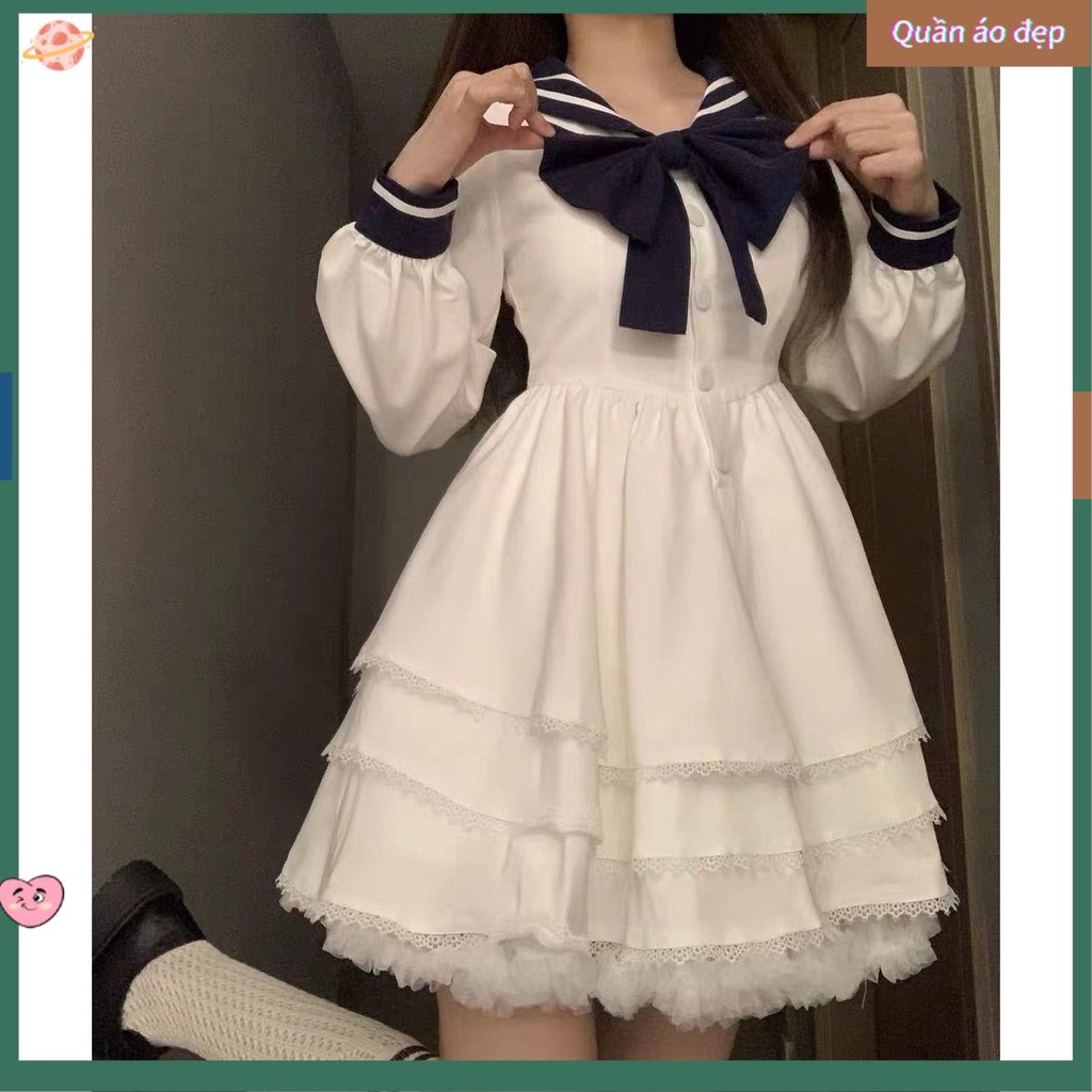 🎀váy babydoll dáng dài váy mùa đông cho nữ váy tiểu thư Đầm Tay Dài Cổ Thủy Thủ Thắt Nơ Phong Cách Mới Mùa Thu 2022