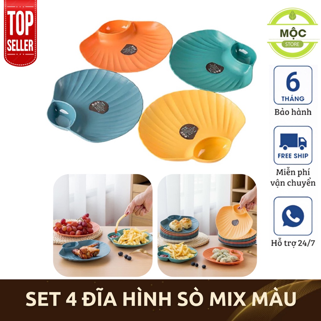 Set 4 Đĩa Hình Sò Mix Màu Có Ngăn Đựng Gia Vị Siêu Xinh