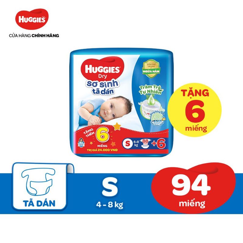 Tã dán sơ sinh Huggies S88̣ ̣cộng miếng loại tràm trà
