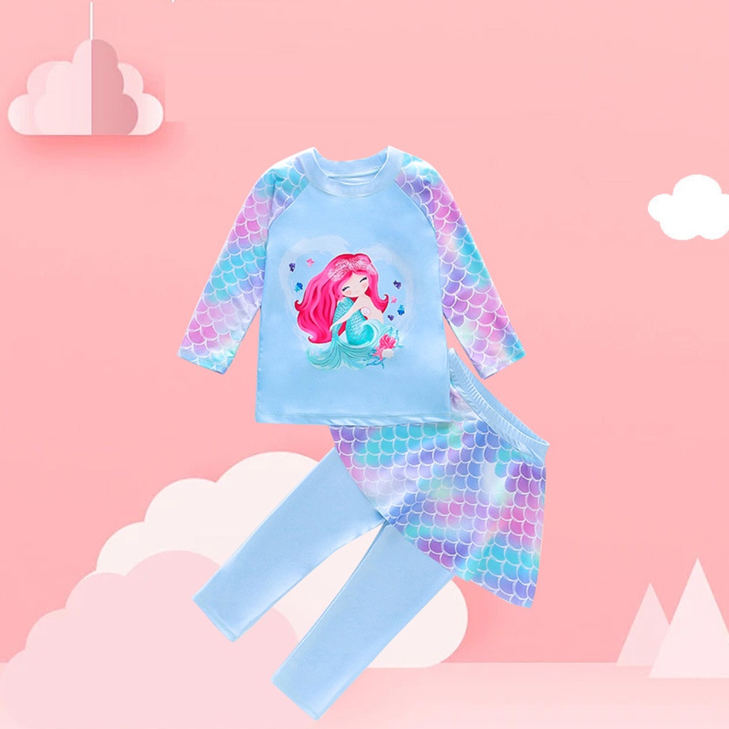 Bộ Đồ Bơi Bikini 2 Mảnh Tay Dài In Họa Tiết Nàng Tiên Cá Hoạt Hình Cho Bé Gái