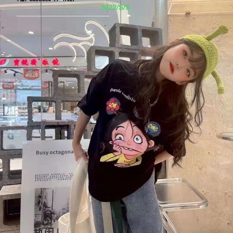 Áo Thun Cotton Trơn Tay Ngắn In Chữ Hoạt Hình Phong Cách Hàn Quốc Thời Trang Xuân Hè Cho Bé Gái