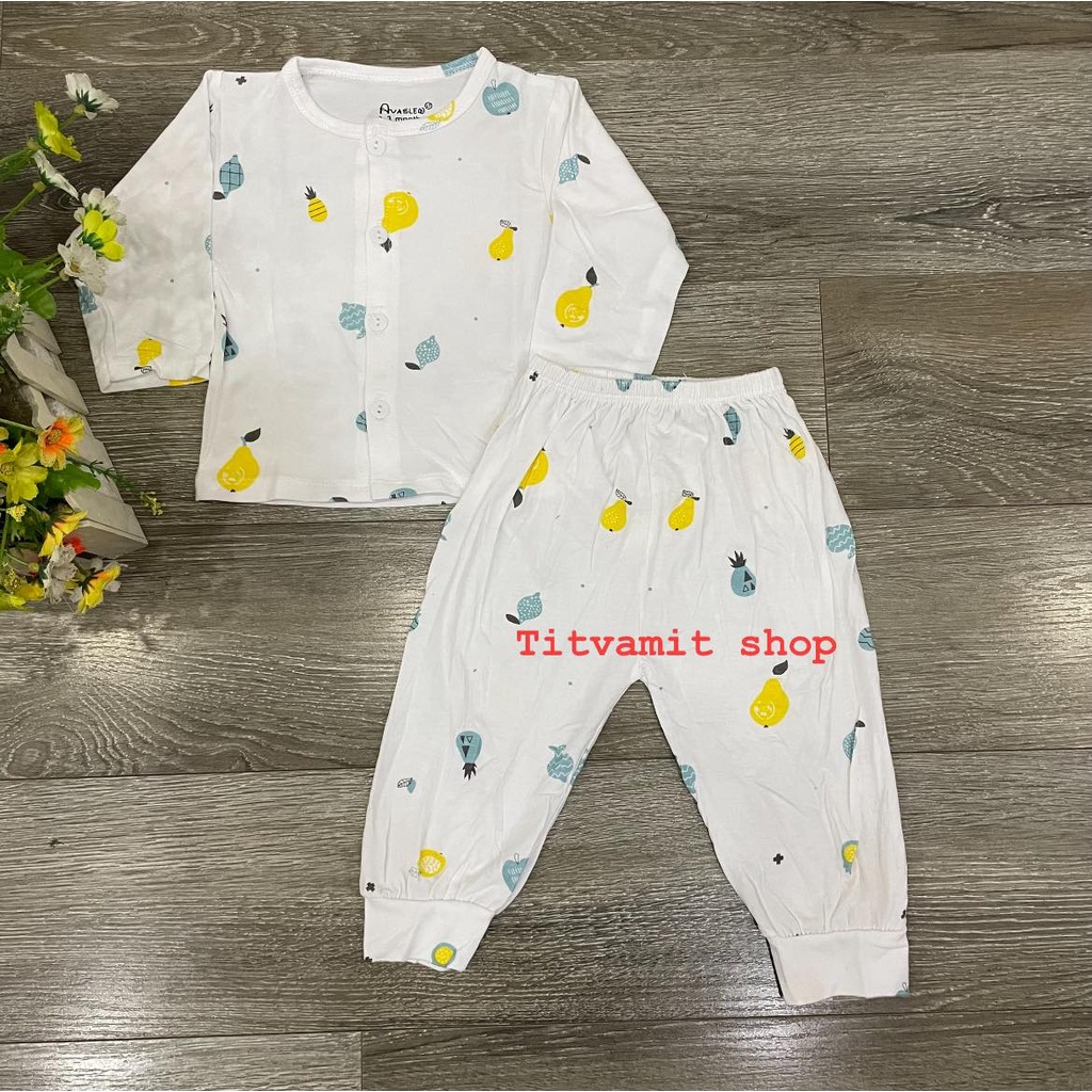 Bộ dài avalew cúc giữa peptit trắng họa tiết co giãn 4 chiều, bộ dài tay cúc giữa cho bé sơ sinh