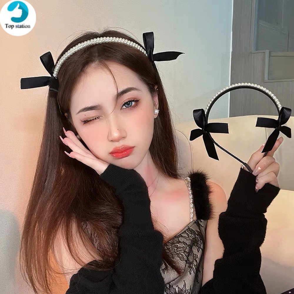 Băng Đô Nơ Đen Đính Ngọc Trai Thanh Lịch Cho Nữ