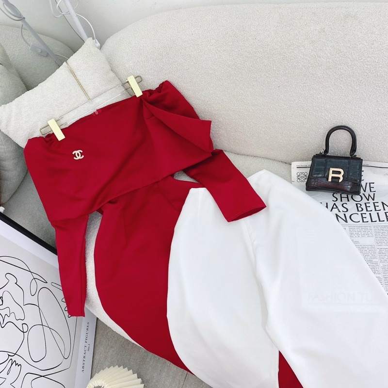 SET ÁO DÀI CÁCH TÂN ĐỎ TRỄ VAI TAY DÀI + QUẦN SUÔNG KÈM TAG