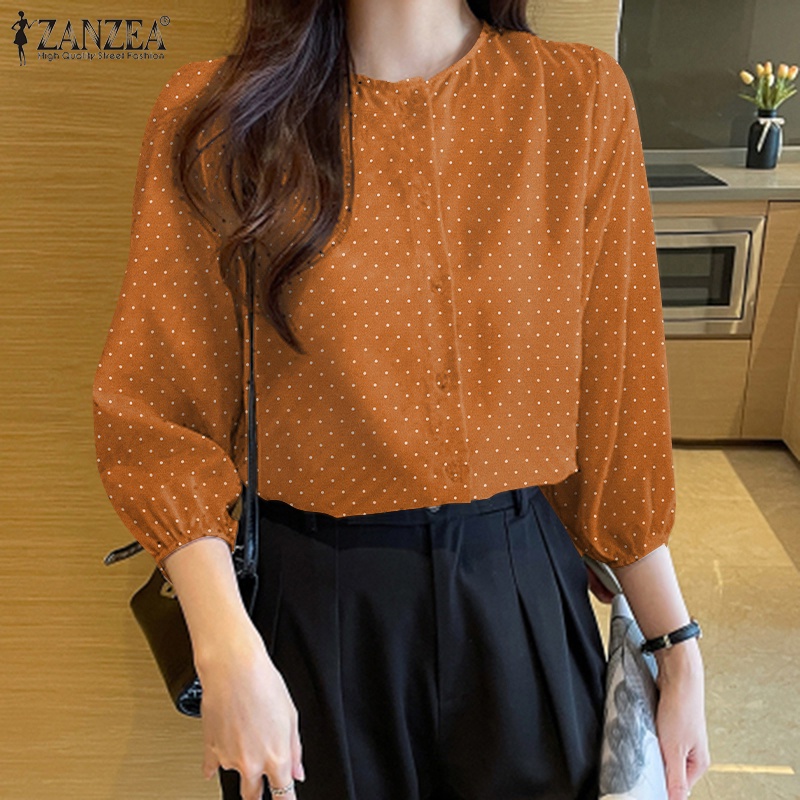 Zanzea Áo Nữ Cổ Tròn Tay 3 / 4 Họa Tiết Chấm Bi Phong Cách Hàn Quốc