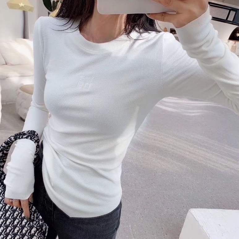 Áo phông nữ dài ta Áo mặc trong phối bên trong cổ tròn tôn dáng không đều phong cách Hàn Quốc cho nữ