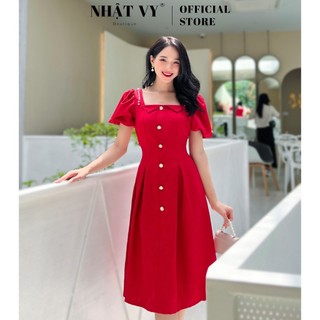 Đầm dự tiệc Nhật Vy tay bí cổ vuông phối bèo đính cúc dáng xoè chất cotton lụa gân phù hợp đi chơi sang chảnh - D2495