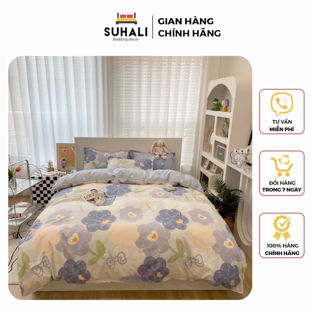 Bộ chăn ga giường cotton poly họa tiết đáng yêu độc đáo Suhali, vỏ chăn mền, drap nệm và 2 vỏ gối