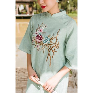 Áo dài Hoa Hồng Xanh Tiệm của Bông(chỉ áo)