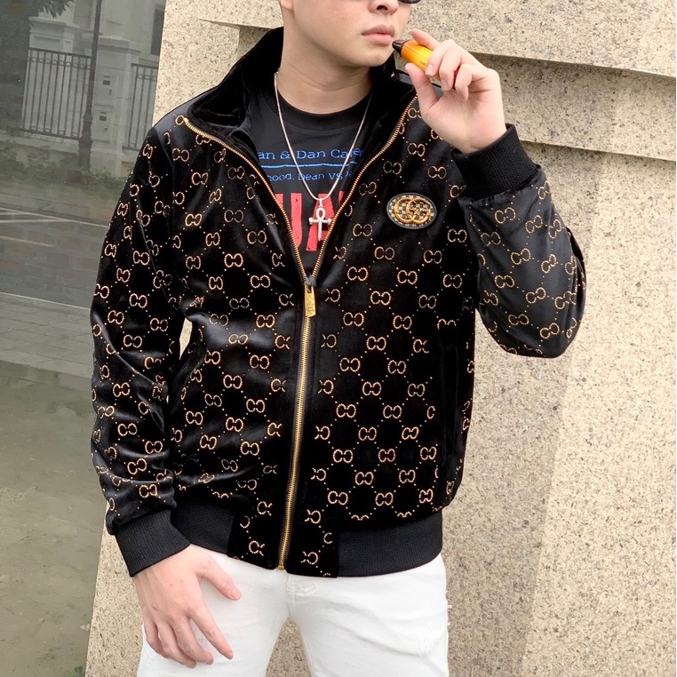 Áo khoác jacket Gucci nhung logo vân đính đá LA 1-1 on web