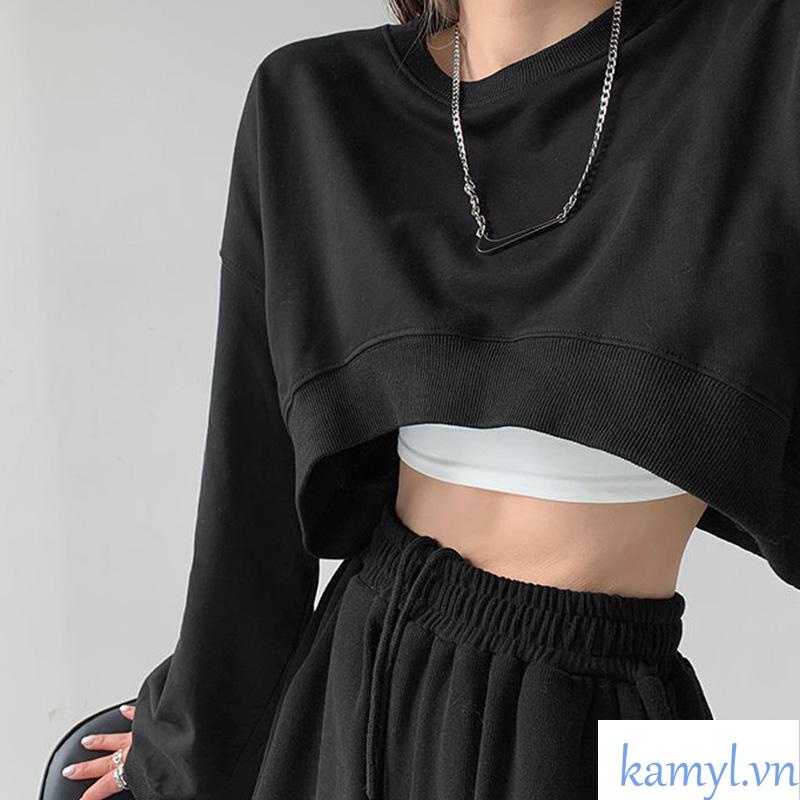 Áo Sweater Tay Dài Cổ Tròn Dáng Rộng Màu Trơn Thời Trang Mùa Thu Cho Nữ