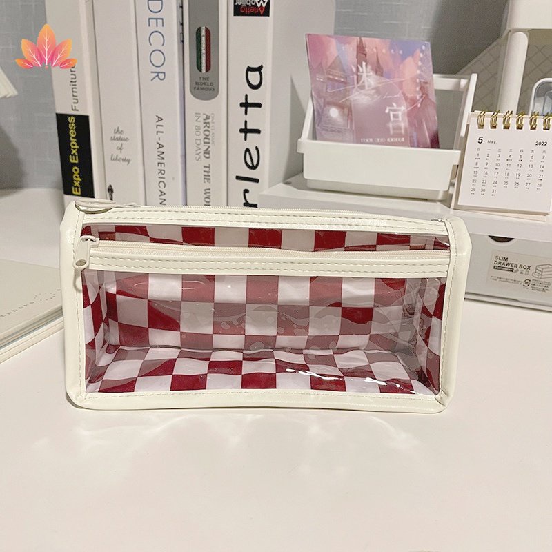 Túi Đựng Bút Chì Kẻ Ô Màu Trắng Đen Dung Tích Lớn JP5 Trong Suốt Phong Cách Nhật Bản