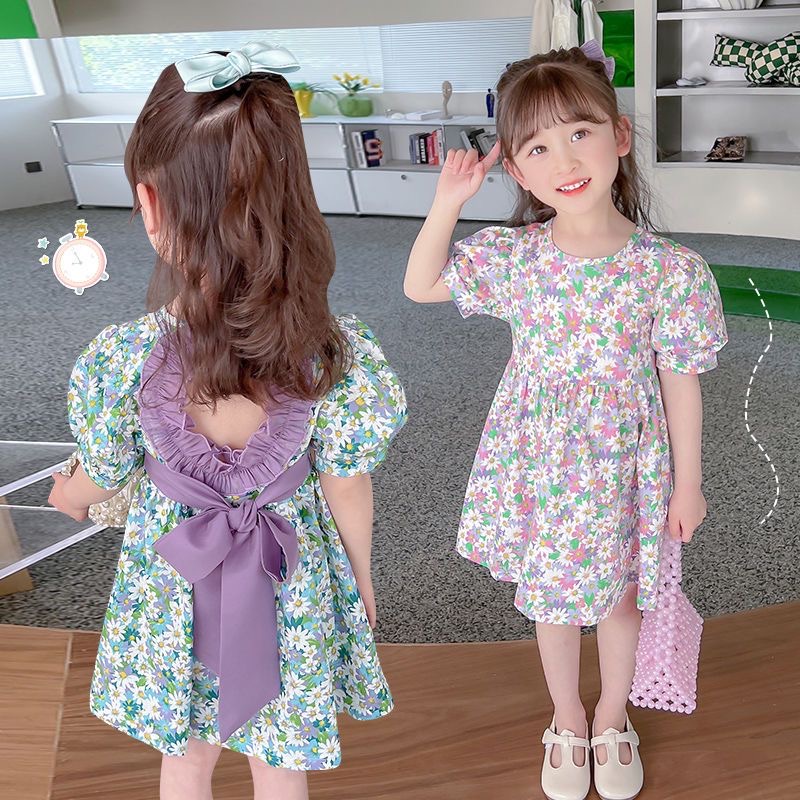 Babyfair. Đầm Bé Gái Cotton Tay Phồng Cổ Tròn In Hoa Mùa Hè Có Nơ Sau Cho Trẻ Em