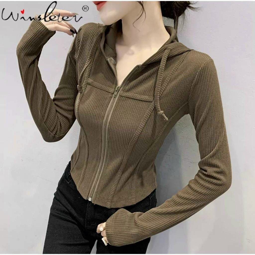 Áo khoác len thun gân tay dài có nón dây kéo vạt bầu thời trang thể thao