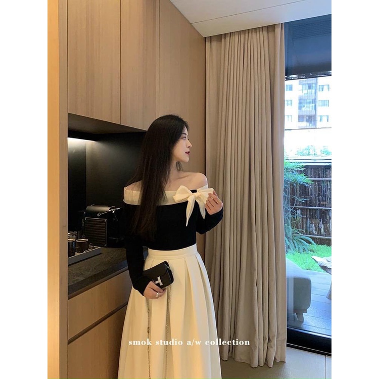 Set Bộ Thời Trang Nữ Áo Thun Tăm Dài Tay Trễ Vai Kết Hợp Chân Váy