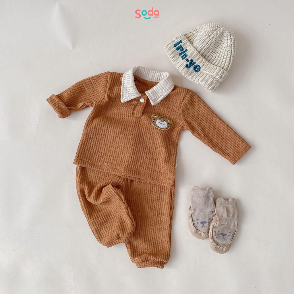 Set quần áo waffle con hổ cho bé SODA KIDS thiết kế cổ sơ mi năng động phong cách Hàn Quốc, chất liệu thun tổ ong mềm