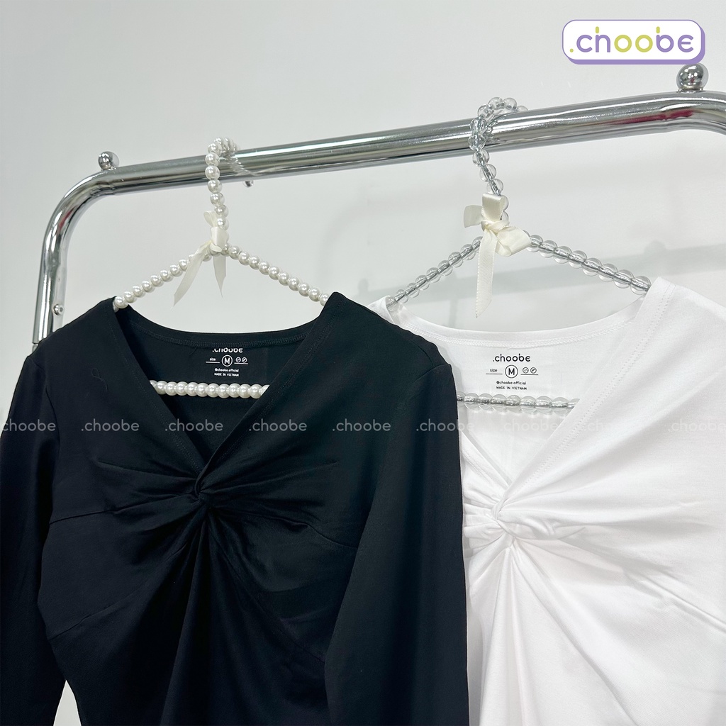 Áo croptop tay dài nữ Choobe kiểu xoắn ngực vải thun cotton co giãn tốt ôm body kiểu cá tính A80