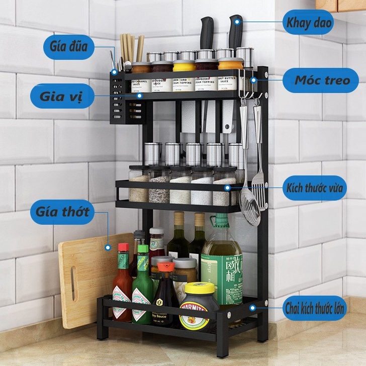 Kệ Gia Vị- kệ 2 tầng cao cấp đủ giỏ đựng đũa thìa. Dao thớt chất liệu thép cao cấp không gỉ sơn tĩnh điện 2022