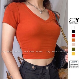 Áo cổ tim nữ croptop kiểu áo baby tee cổ v crt JOY BABE thun ôm crop top sexy tay ngắn 2D CRON 2