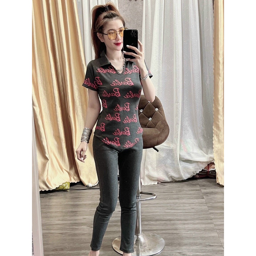 [12.12 Sales Freeship] Set bộ thun quần ôm phối áo thun cổ bẻ in chữ,set bộ mặc nhà cổ v tay ngắn chất thun đơn giản mtb